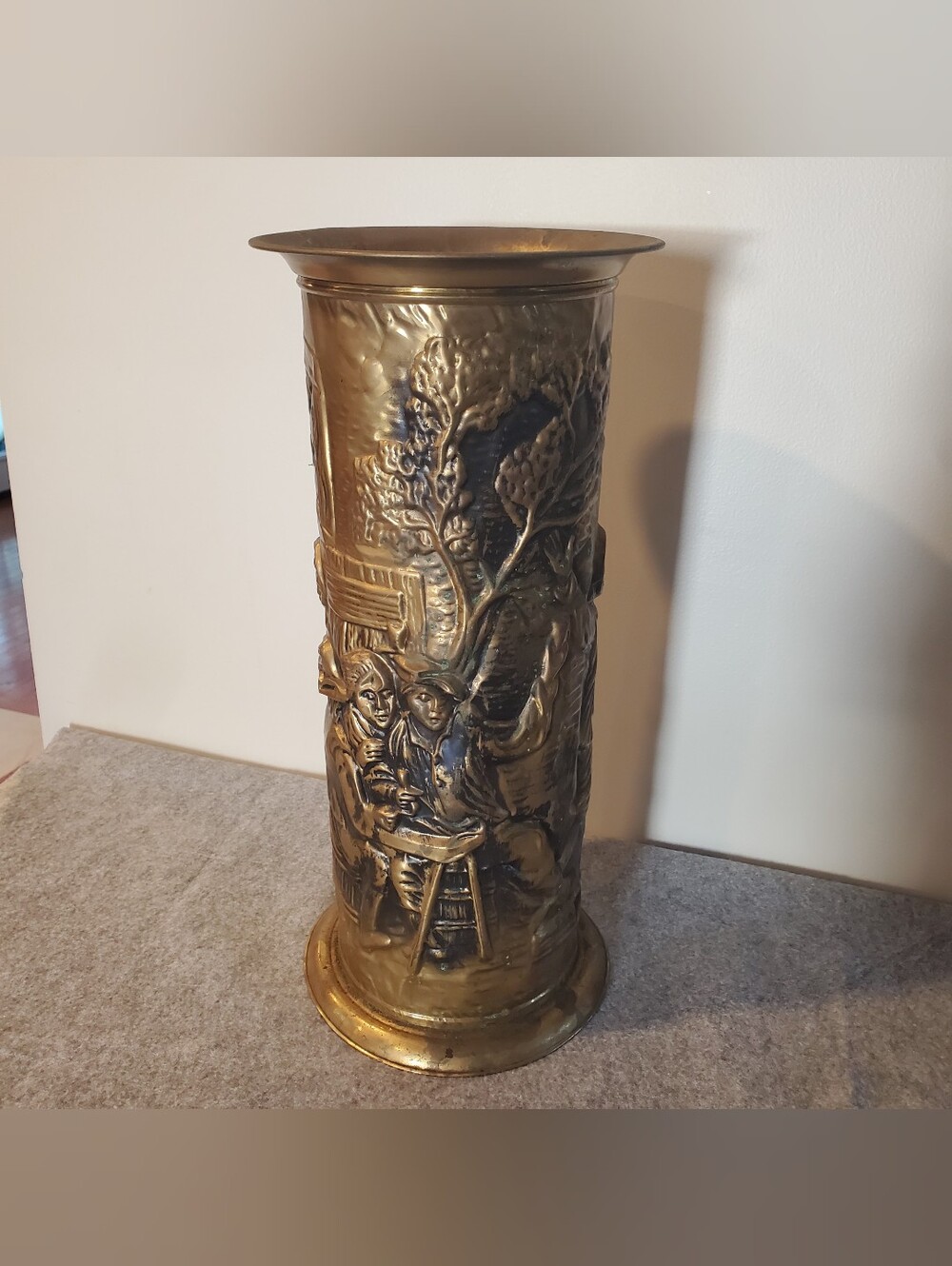 Vintage Brass Patina Embossed Umbrella Stand or Cane Holder - Pub Scene 18.5in